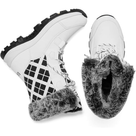 Women’s Ivory White Plaid Waterproof Snow Boots Mid-Calf Faux Fur Lined Non-Slip - Picture 5 of 9
